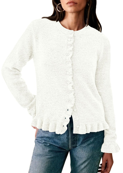PRETTYGARDEN Womens Fall Button Down Cardigans Chunky Knit Ruffle Open Front Cropped Cardigan Sweaters Soft Long Sleeve Tops