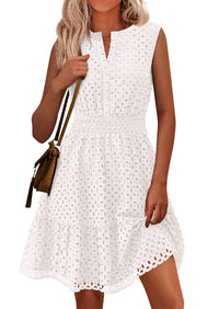 Sleeveless V Neck Eyelet Hollow Out Swing A Line Beach Vacation Dresses