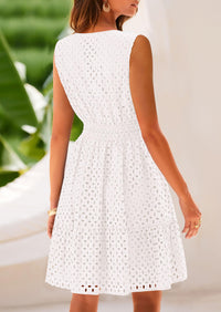 Sleeveless V Neck Eyelet Hollow Out Swing A Line Beach Vacation Dresses