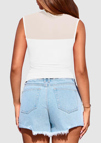 Sheer Mesh Casual Sleeveless Mock Neck Ruched Slim Fitted Tank Tops