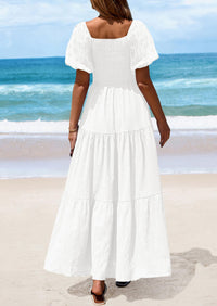 Puff Short Sleeve Square Neck Smocked Tiered Ruffle A Line Flowy Beach Maxi Dresses