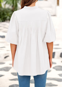 Lantern Sleeve Loose Fit Button Down Casual Pleated V Neck Blouses