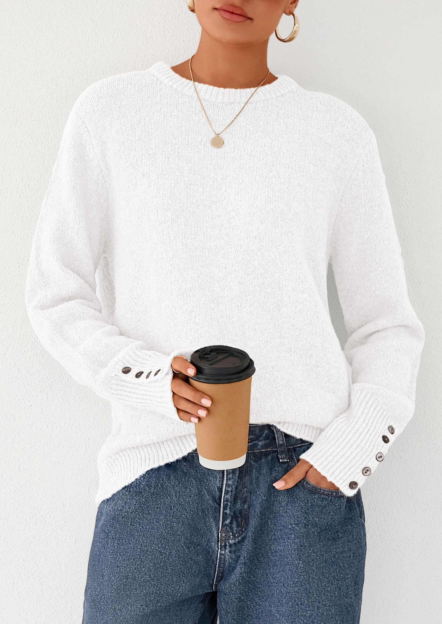 PRETTYGARDEN Womens Sweaters Fall Fashion Casual Crewneck Pullover Button Long Sleeve Cute Knit Tops Winter Clothes