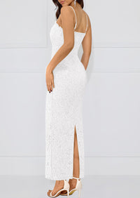 Elegant Spaghetti Strap Lace Floral Bodycon Maxi Dress