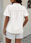 PRETTYGARDEN Womens Casual Summer Tops V Neck Short Puff Sleeve Pleated Cotton T Shirts Loose Dressy Blouses