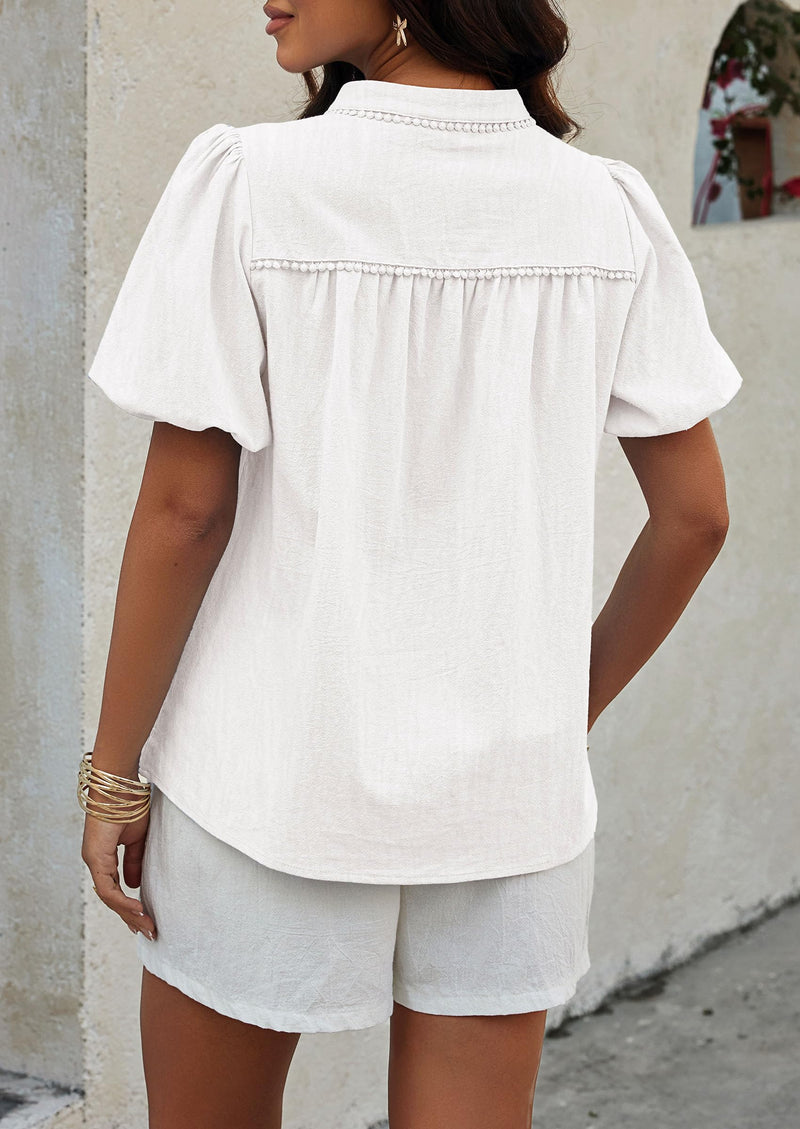 PRETTYGARDEN Womens Casual Summer Tops V Neck Short Puff Sleeve Pleated Cotton T Shirts Loose Dressy Blouses