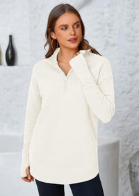 PRETTYGARDEN Womens Long Sleeve Quarter Zip Pullover Sweater Casual Loose V Neck Collared Ribbed Knit Jumper Tops Thumb Hole