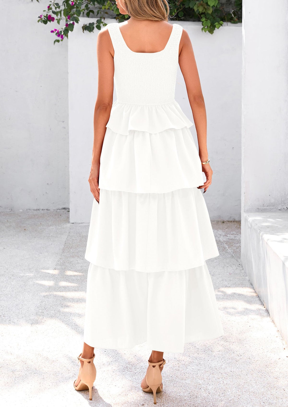 Sleeveless Scoop Neck Smocked A Line Tiered Beach Midi Dress
