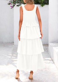 Sleeveless Scoop Neck Smocked A Line Tiered Beach Midi Dress