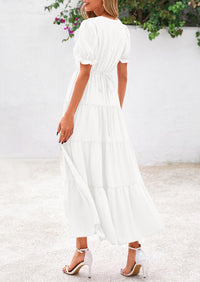 Casual Short Sleeve V Neck Tiered Flowy Beach Vacation Maxi Dress with Pockets