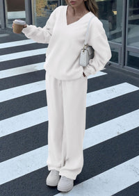 PRETTYGARDEN Casual Winter Two Piece Sets for Women V Neck Sweatshirt Loose Wide Leg Pants Tracksuit Knit Fall Outfits