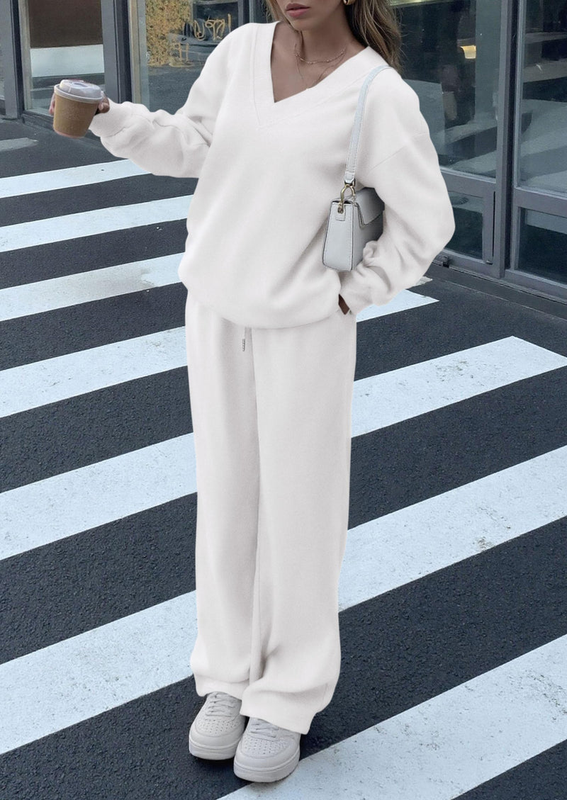 PRETTYGARDEN Casual Winter Two Piece Sets for Women V Neck Sweatshirt Loose Wide Leg Pants Tracksuit Knit Fall Outfits