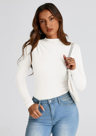 PRETTYGARDEN Womens Fall Y2K Going Out Crop Tops Long Sleeve Mock Neck Ruched Slim Fitted Basic Trendy Casual T Shirts Blouse