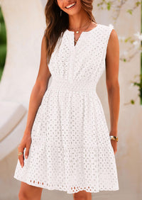 Sleeveless V Neck Eyelet Hollow Out Swing A Line Beach Vacation Dresses