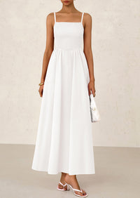 Smocked Beach Casual Spaghetti Strap Swing A Line Flowy Maxi Dresses