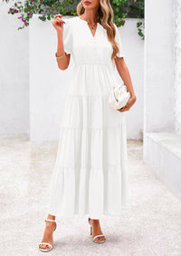 Casual Short Sleeve V Neck Tiered Flowy Beach Vacation Maxi Dress with Pockets