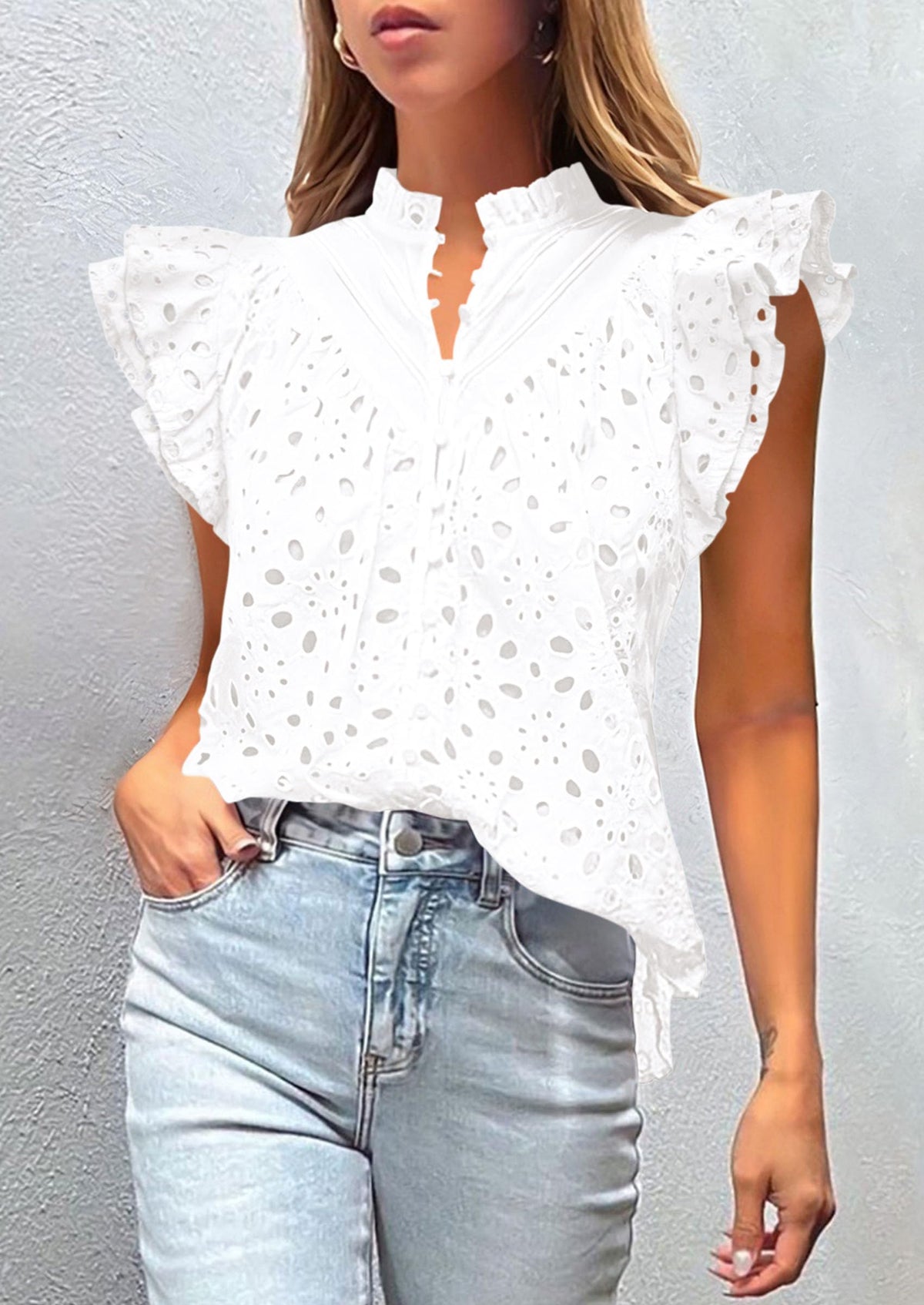 Casual Ruffle Cap Sleeve Button V Neck Embroidered Eyelet Blouses