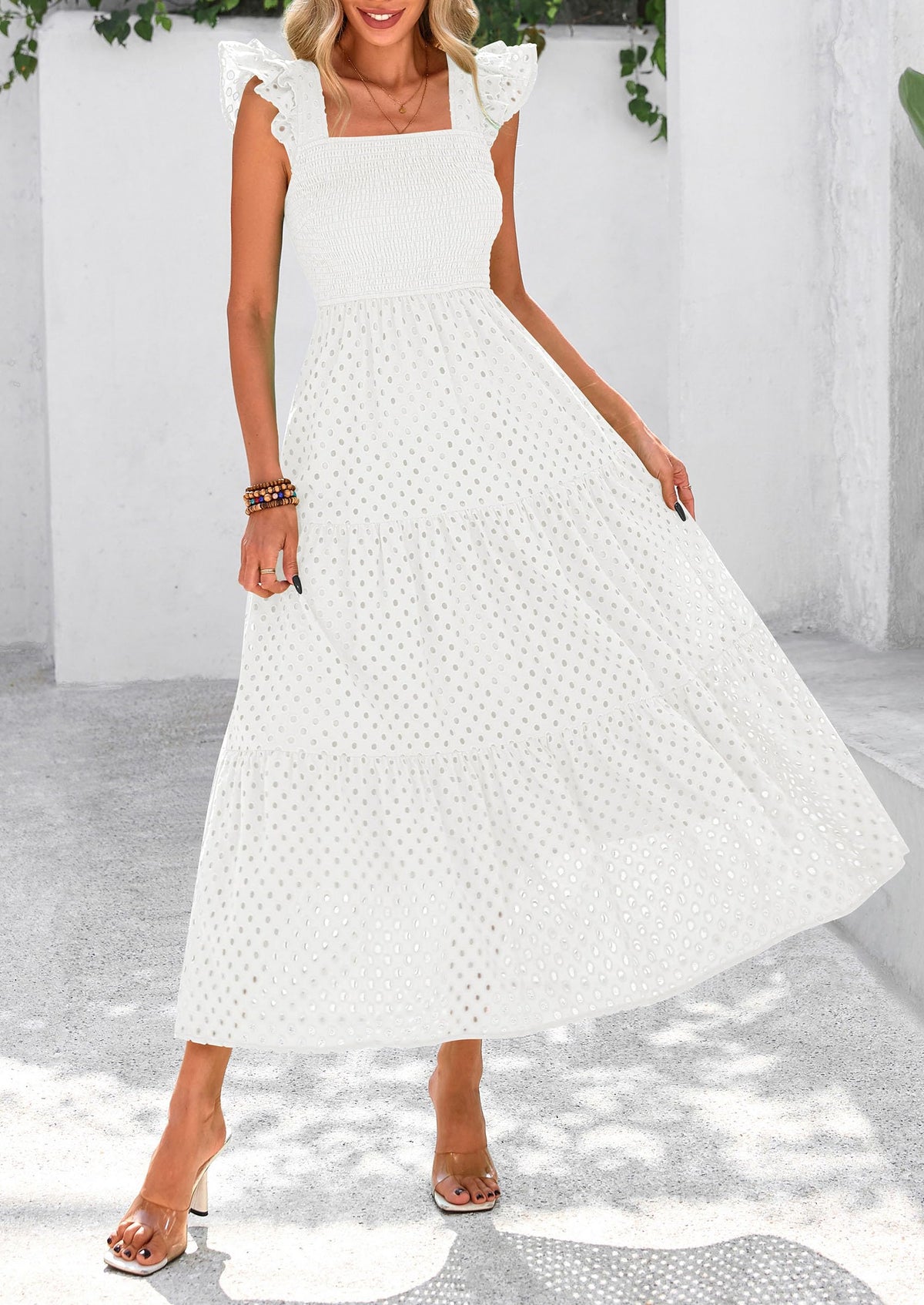 Square Neck Cap Sleeve Eyelet Smocked Tiered A Line Maxi Dresses with Pockets