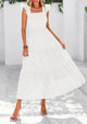 Square Neck Cap Sleeve Eyelet Smocked Tiered A Line Maxi Dresses with Pockets