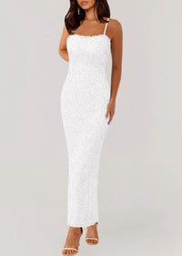 Elegant Spaghetti Strap Lace Floral Bodycon Maxi Dress
