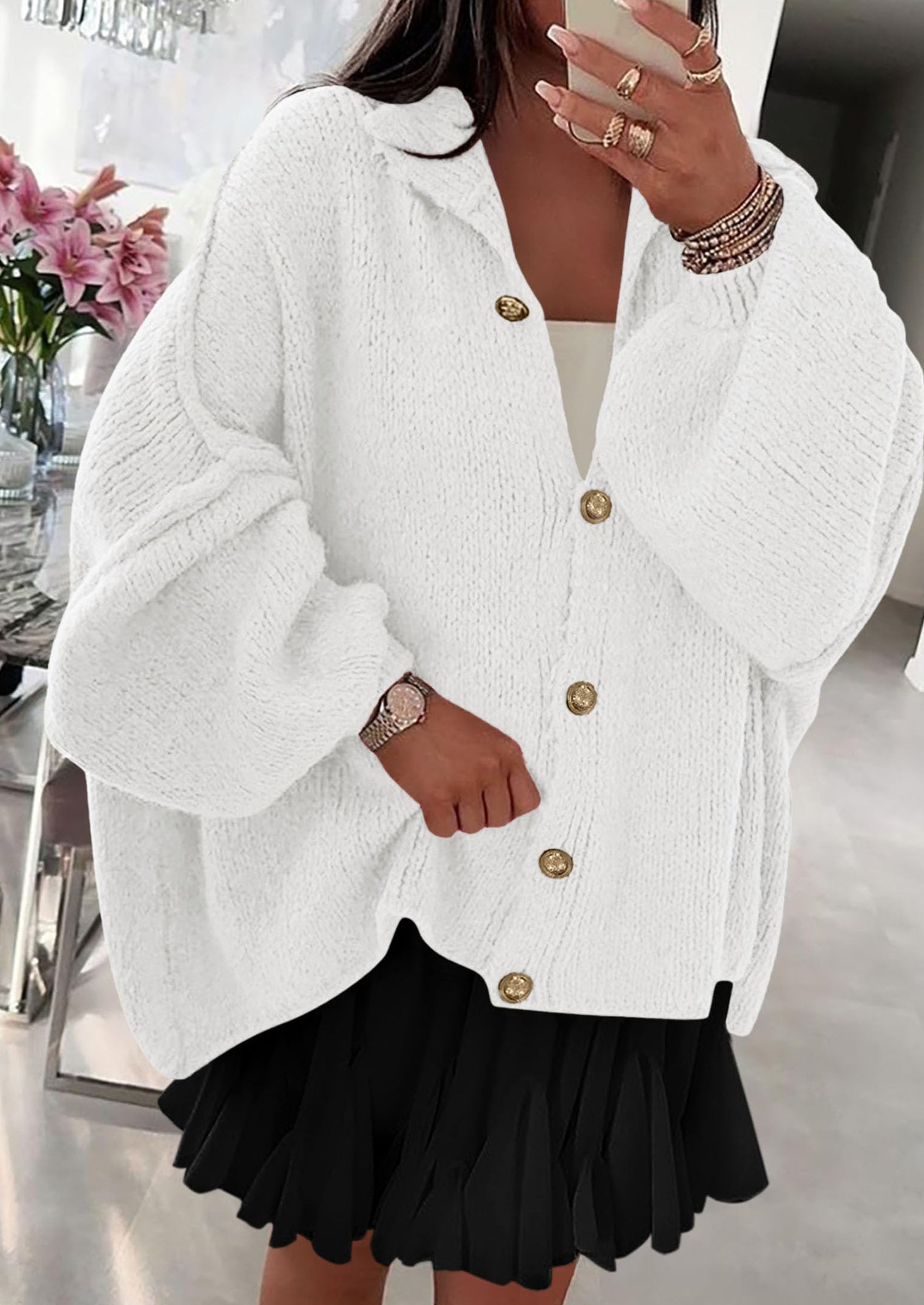 PRETTYGARDEN Women's Winter Button Down Cardigan Sweaters Mock Neck Lantern Long Sleeve Chunky Knit Jacket Trendy Outerwear