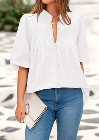 Lantern Sleeve Loose Fit Button Down Casual Pleated V Neck Blouses