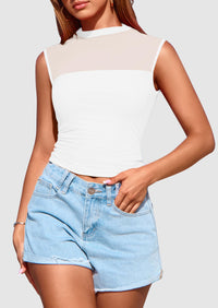 Sheer Mesh Casual Sleeveless Mock Neck Ruched Slim Fitted Tank Tops