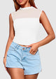 Sheer Mesh Casual Sleeveless Mock Neck Ruched Slim Fitted Tank Tops