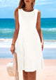 Sleeveless Crew Neck Loose Tank A-Line Pleated Swing Flowy Party Mini Dress