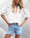 PRETTYGARDEN Women's Summer Short Sleeve Tops 2025 Dressy Casual Buttons V Neck Hollow Out Lace Embroidered Blouses Shirts
