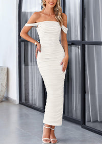 Off The Shoulder Ruched Bodycon Sleeveless Split Maxi Dresses
