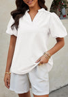 PRETTYGARDEN Womens Casual Summer Tops V Neck Short Puff Sleeve Pleated Cotton T Shirts Loose Dressy Blouses