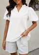 Casual V Neck Short Puff Sleeve Pleated Cotton Loose Blouses