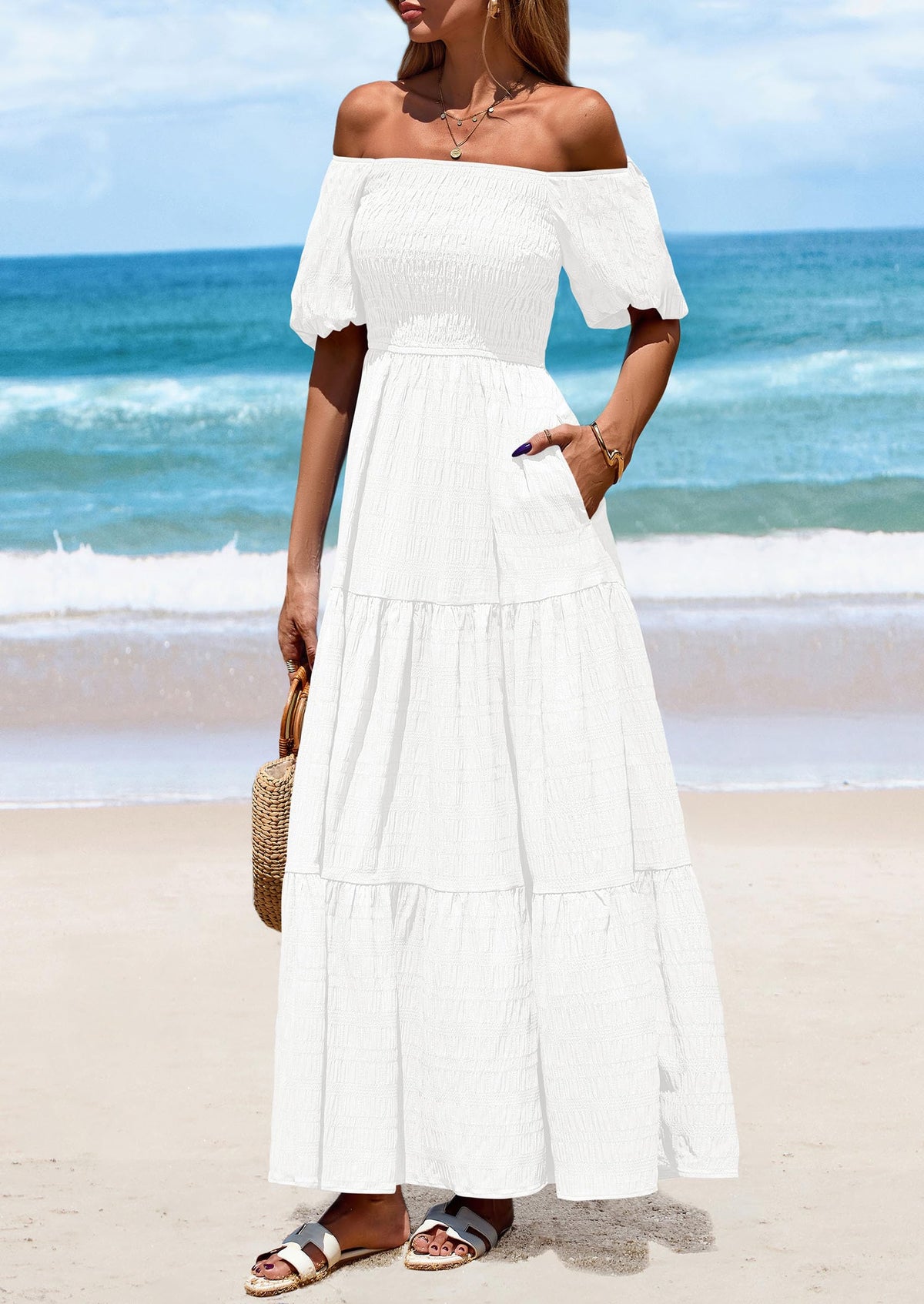 Puff Short Sleeve Square Neck Smocked Tiered Ruffle A Line Flowy Beach Maxi Dresses