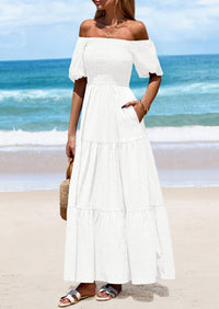 Puff Short Sleeve Square Neck Smocked Tiered Ruffle A Line Flowy Beach Maxi Dresses