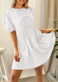 Casual Short Sleeve A Line Bow Tie Front Babydoll Loose Mini Dresses with Pockets