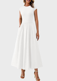 Casual Cap Sleeve Patchwork A Line Flowy Elegant Homecoming Maxi Dress