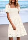 PRETTYGARDEN Womens Summer Puff Sleeve Mini Dress Off Shoulder Eyelet Smocked A Line Casual Babydoll Short Dresses