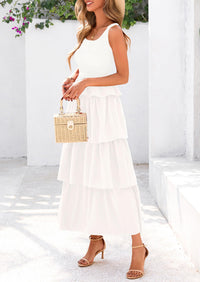 Sleeveless Scoop Neck Smocked A Line Tiered Beach Midi Dress