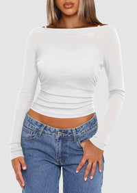 Boat Neck Long Sleeve Sheer Crop Cover Up with Spaghetti Strap Camisole 2 Piece Blouses