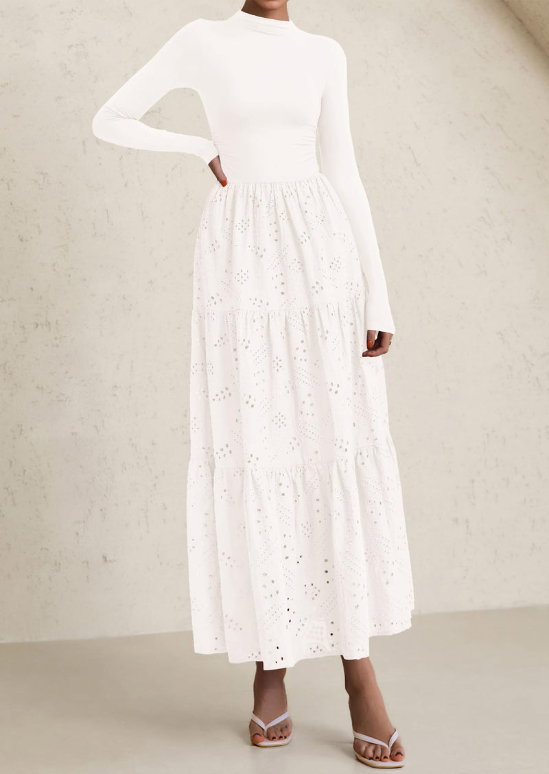 PRETTYGARDEN Long Sleeve Dress for Women Fall Eyelet Mock Neck A Line Elegant Classy Maxi Wedding Guest Dresses Pockets