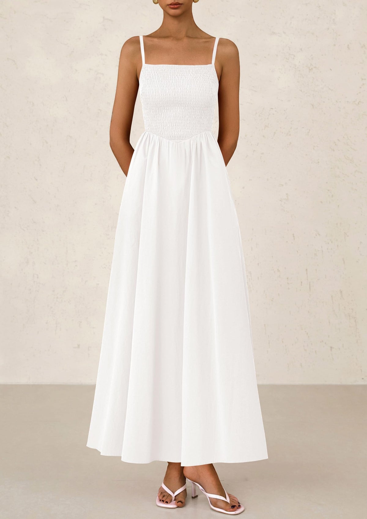 Smocked Beach Casual Spaghetti Strap Swing A Line Flowy Maxi Dresses
