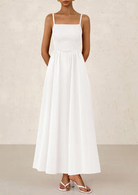 Smocked Beach Casual Spaghetti Strap Swing A Line Flowy Maxi Dresses