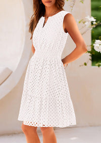 Sleeveless V Neck Eyelet Hollow Out Swing A Line Beach Vacation Dresses