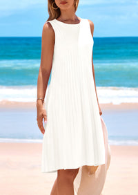 Sleeveless Crew Neck Loose Tank A-Line Pleated Swing Flowy Party Mini Dress