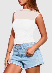 Sheer Mesh Casual Sleeveless Mock Neck Ruched Slim Fitted Tank Tops