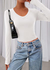 PRETTYGARDEN Womens Long Sleeve T Shirts Fall Trendy Deep V Neck Slim Fit Basic Crop Tops Casual Going Out Top