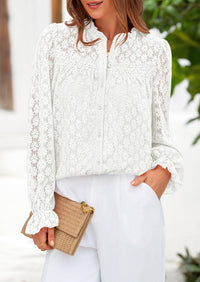 Eyelet Long Sleeve Casual Hollow Out Button Up Lace Blouse