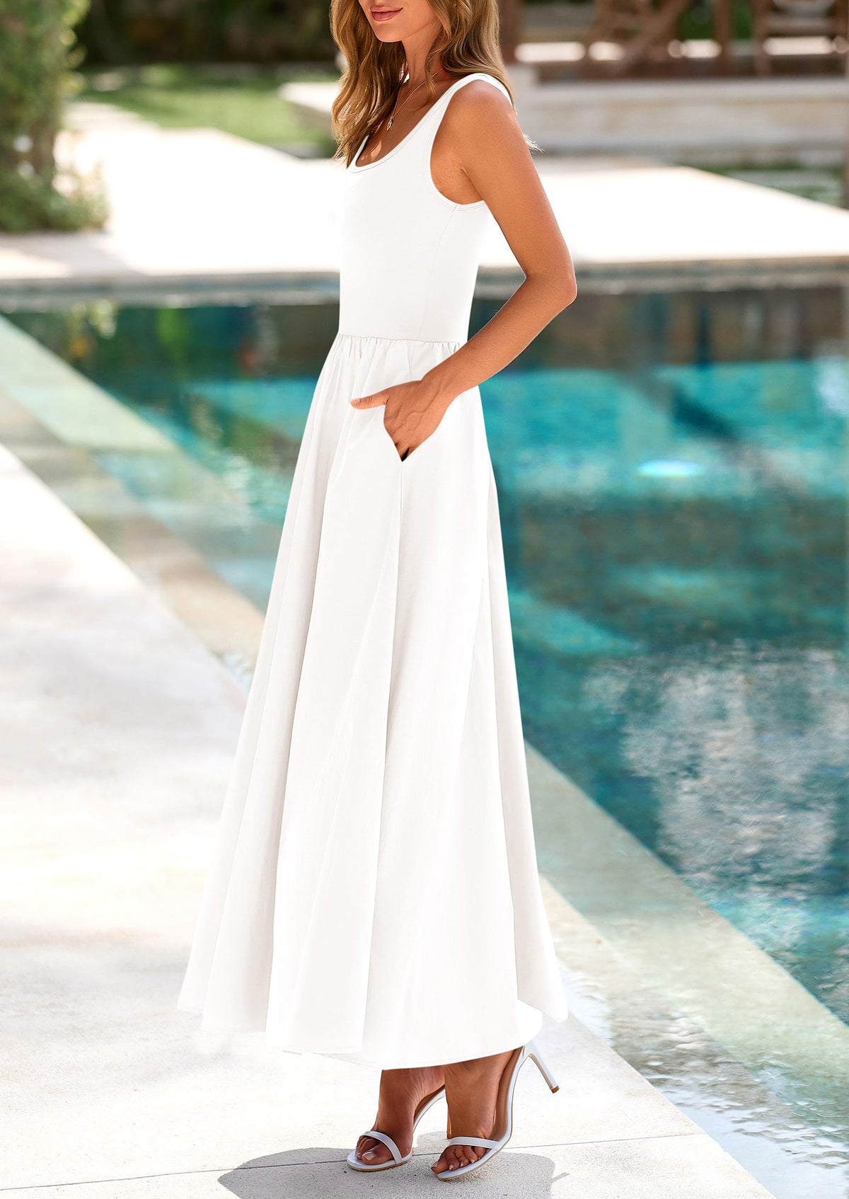 Casual Scoop Neck Sleeveless Patchwork A-line Swing Maxi Dresses with Pockets