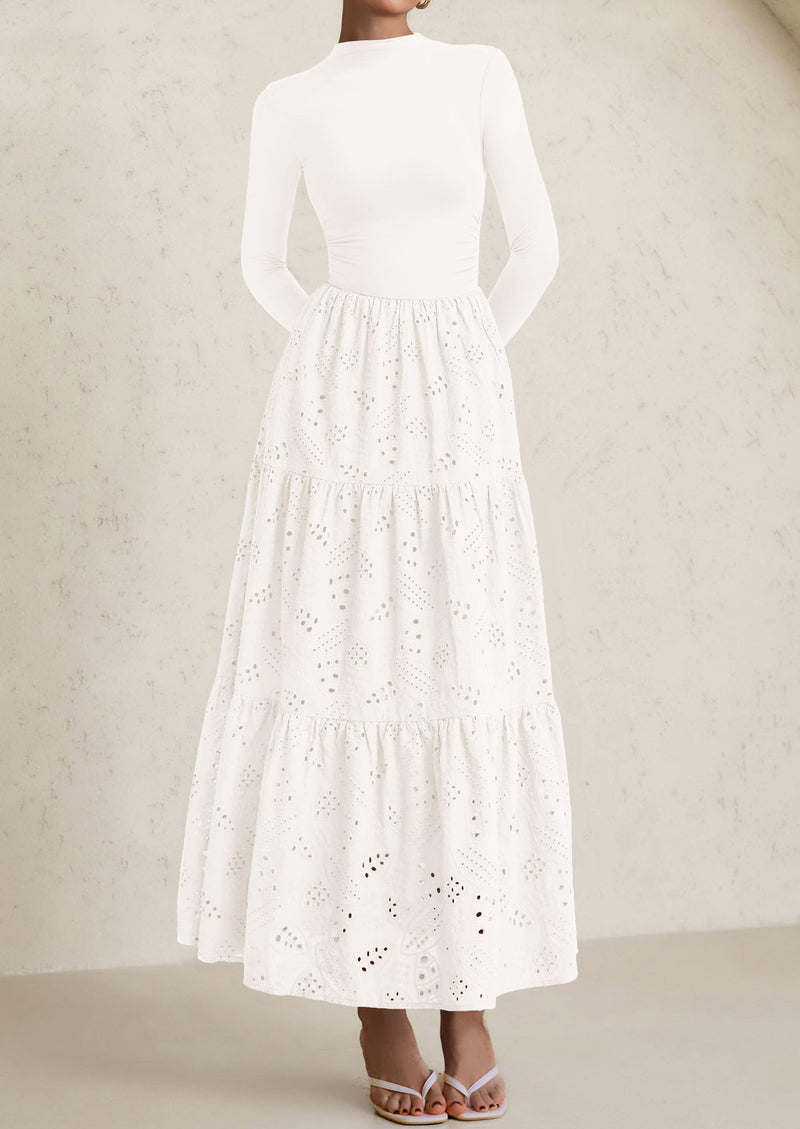 PRETTYGARDEN Long Sleeve Dress for Women Fall Eyelet Mock Neck A Line Elegant Classy Maxi Wedding Guest Dresses Pockets